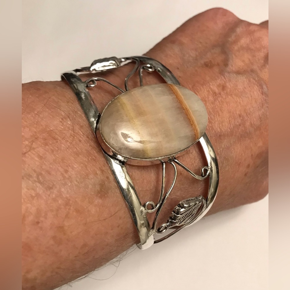 Orange Lace Calcite Stamped 925 Sterling Silver Cuff Bracelet